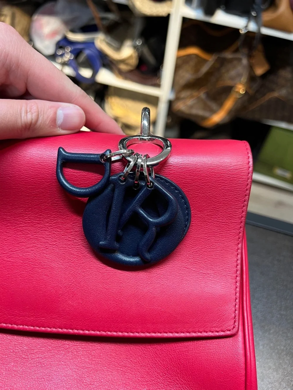 Dior Red Satchel with White Top Handle and Navy Charm